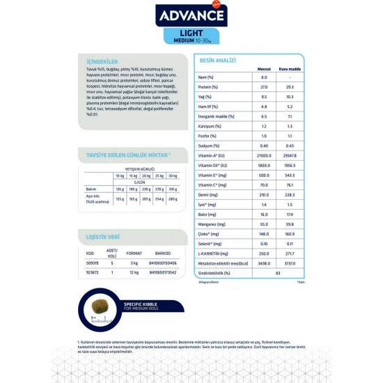 Advance Diyet Tavuk Etli ve Pirinçli Orta Irk Yetişkin Köpek Maması (3 kg)