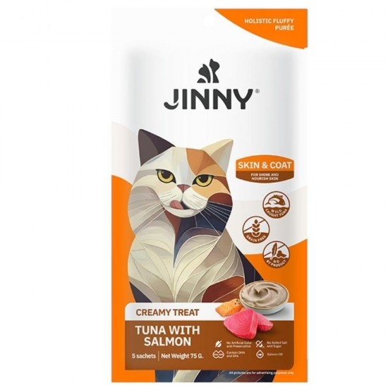 Jinny Somonlu ve Ton Balıklı Tüy Yapısını Destekleyen Creamy Kedi Ödülü (5 x 15 g)