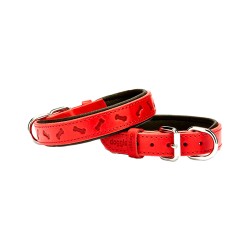 Doggie Konforlu Gerçek Deriden El Yapımı Kemik Desenli Köpek Boyun Tasması Kırmızı (2 x 35 - 40 cm)